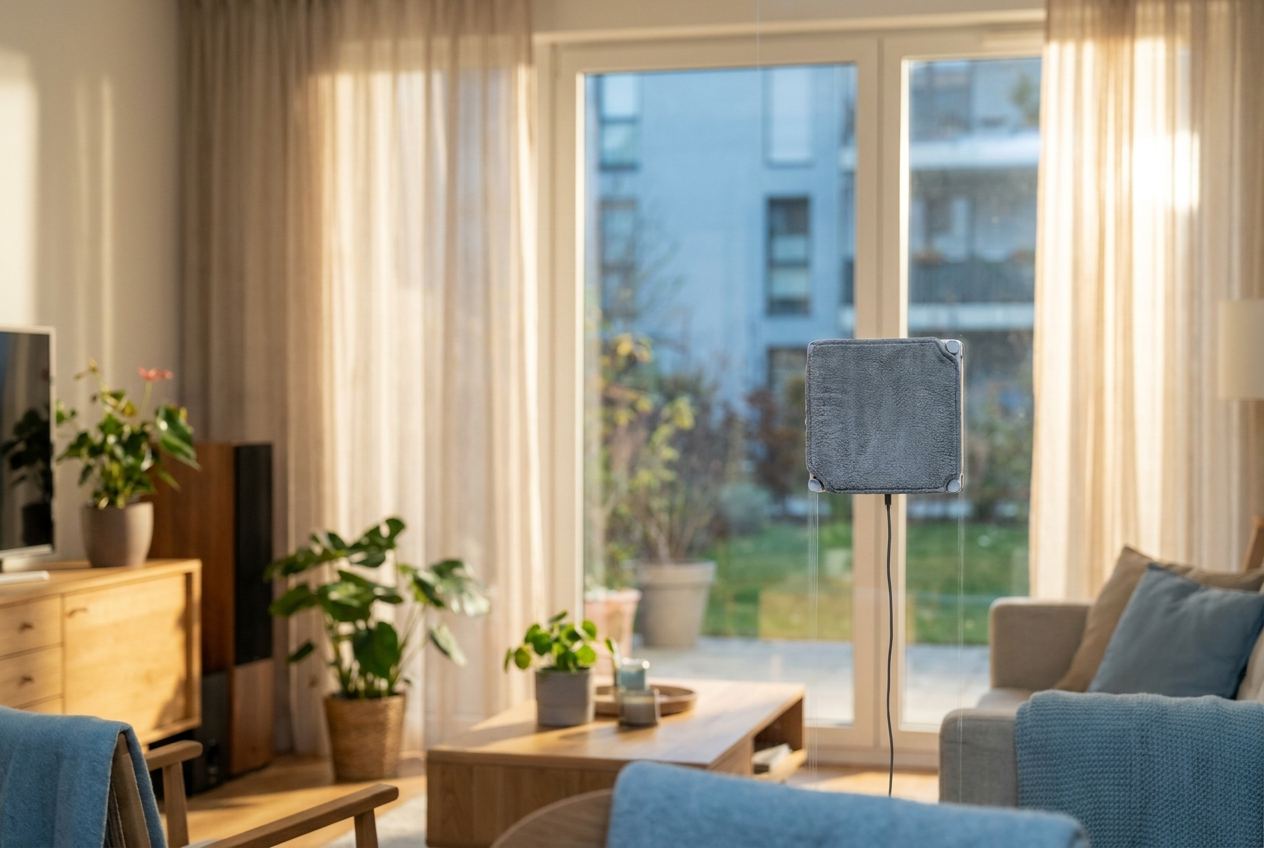 Kompakter Fensterputzroboter haftet an einer sonnigen Fensterscheibe