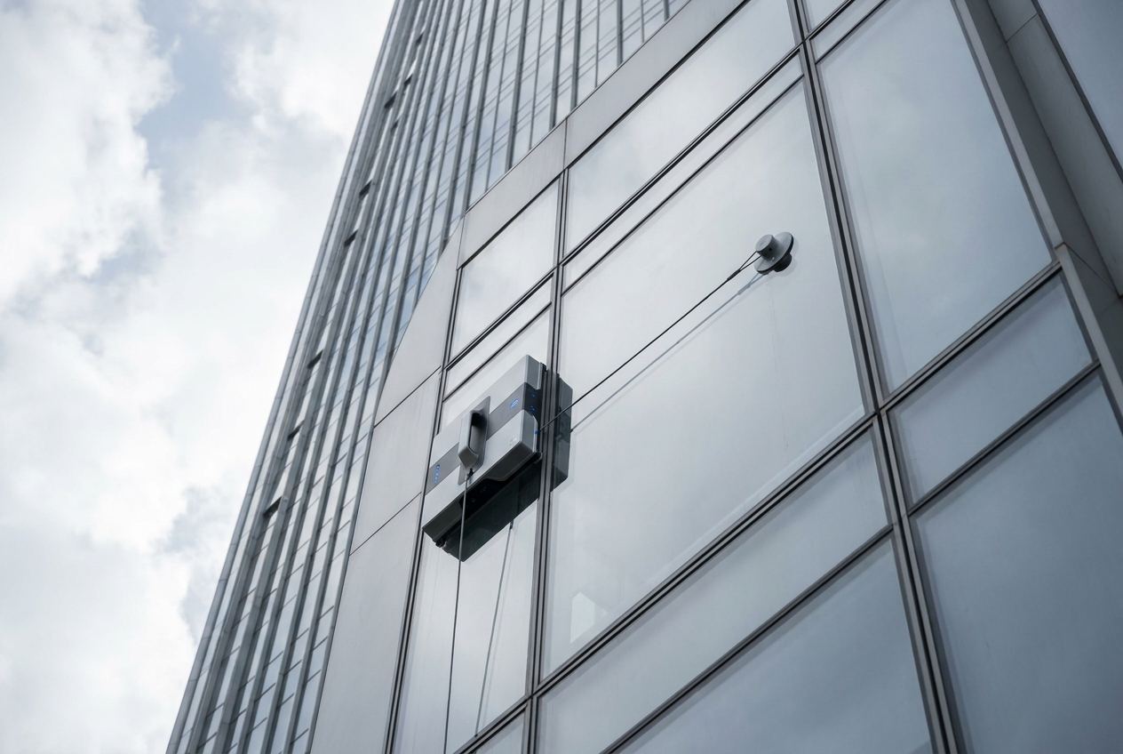 Fensterroboter reinigt gesichert mit Sicherungsseil eine hohe Glasfassade