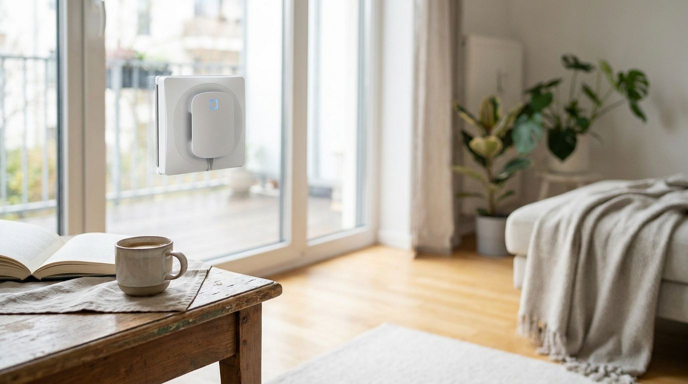 Fensterroboter reinigt eine breite Balkontür, im Vordergrund Kaffee und Buch