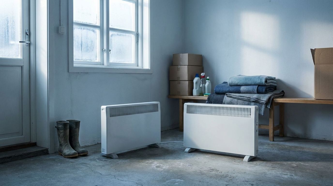 Kleiner elektrischer Frostwächter steht am Boden eines kühlen Abstellraums an einem Winterfenster mit leichtem Frost.