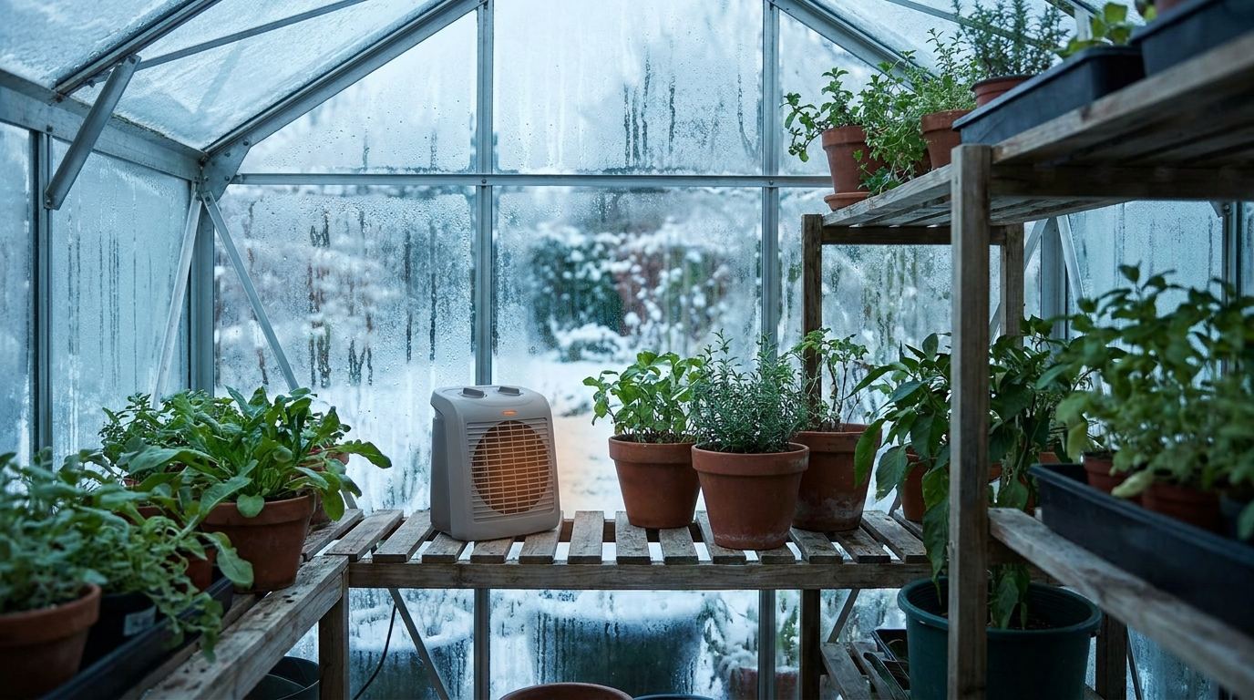 Kleines Heizgerät hält ein winterliches Gewächshaus mit Topfpflanzen frostfrei.