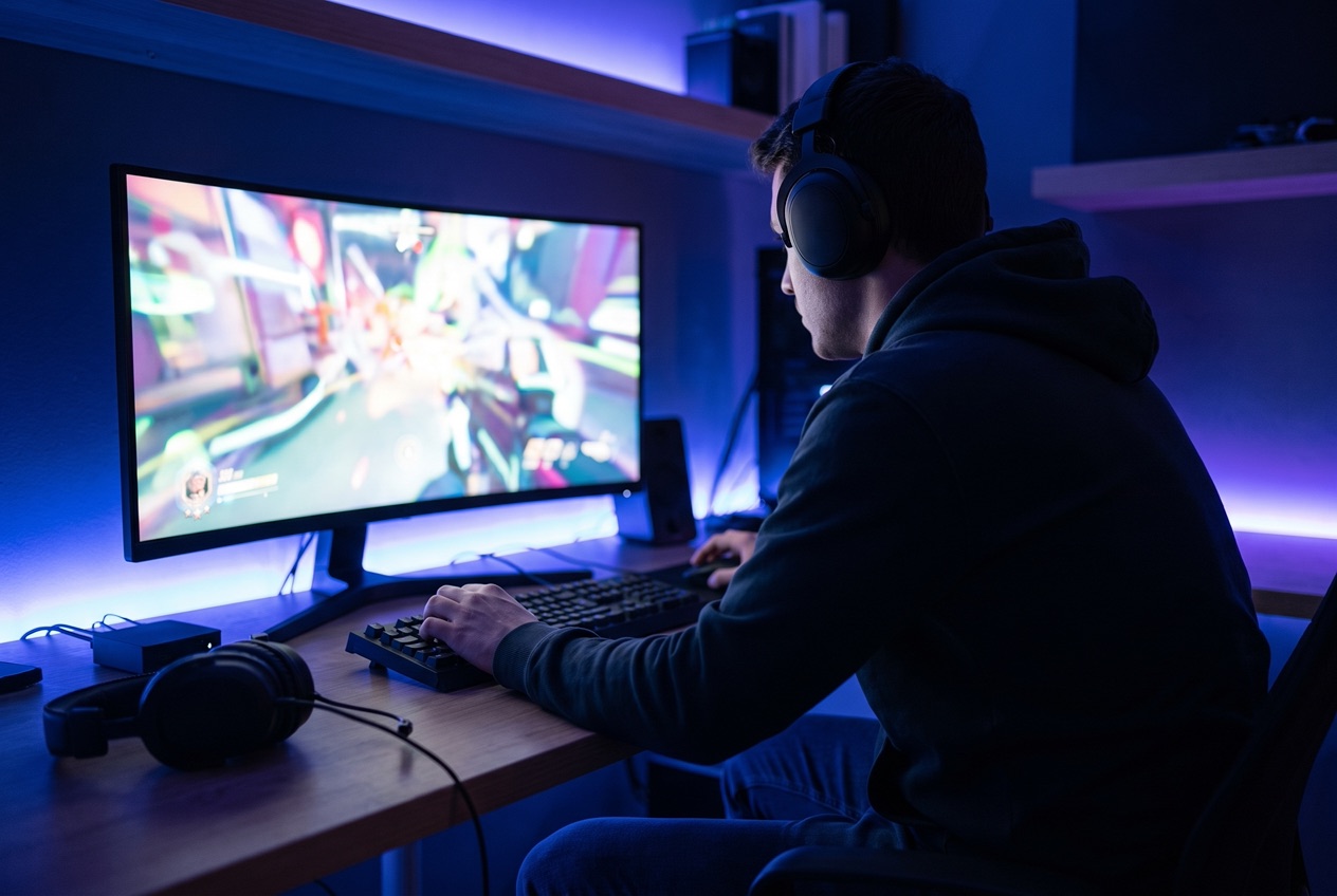 Gamer mit Gaming Headset vor einem PC-Bildschirm, konzentriert beim Spielen mit gutem Klang