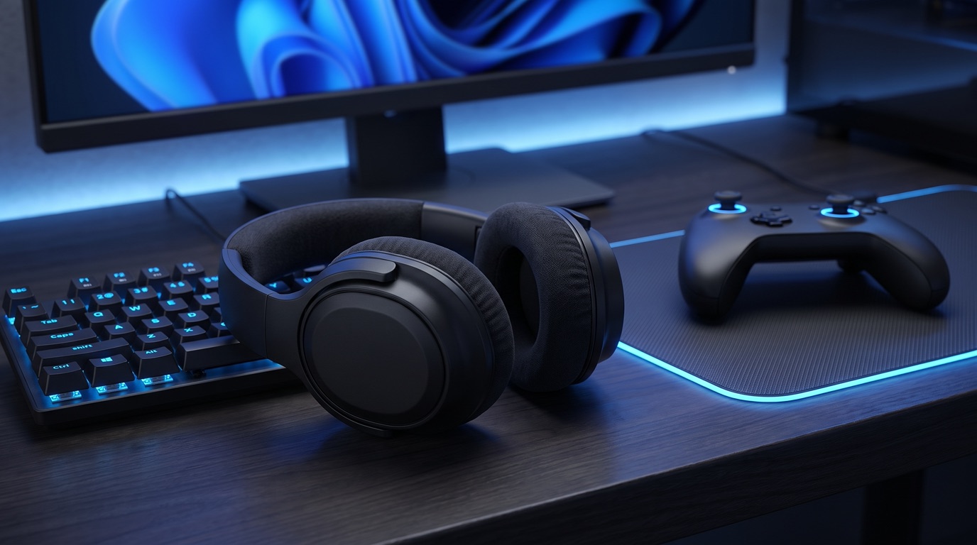 Gaming Headset mit weichen Polstern liegt neben Tastatur und Controller auf einem Gaming-Schreibtisch