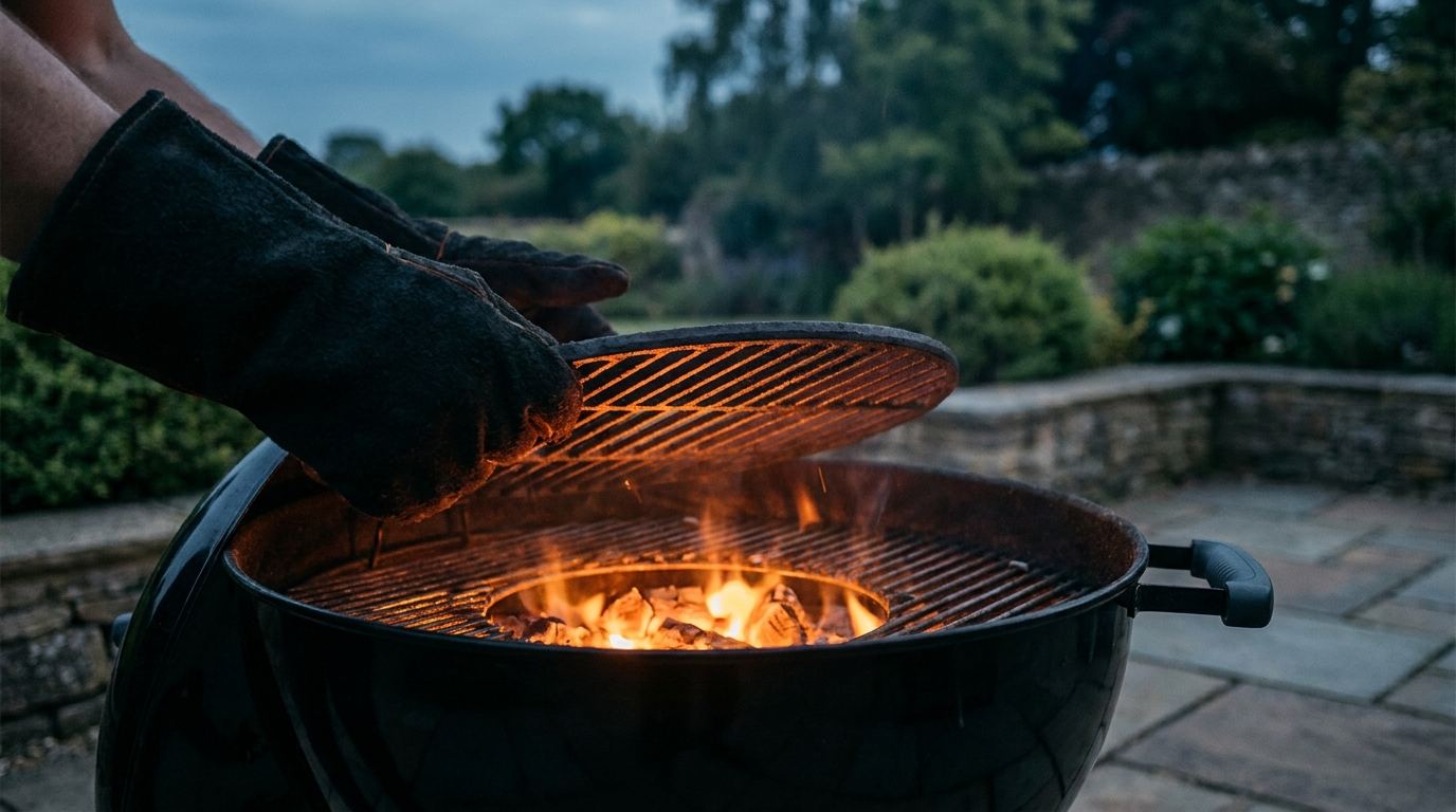 Hände in Grillhandschuhen heben den glühenden Rost eines Holzkohlegrills im Garten an
