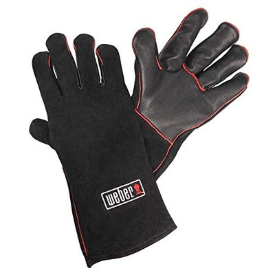 Weber Leder Grillhandschuhe, 1 Paar, extrem hitzebeständig, weich und sicher, aus Premium Leder mit roter Naht - Schwarz