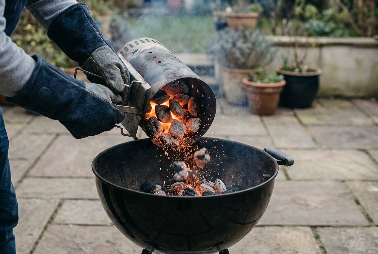 Grillhandschuhe schützen die Hände beim Umfüllen glühender Kohle aus dem Anzündkamin in den Grill