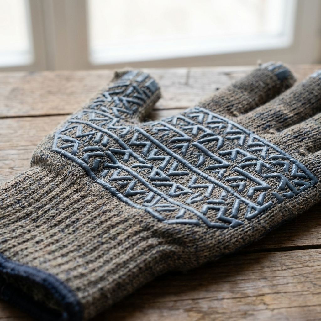 Detailaufnahme eines Aramid-Grillhandschuhs mit Silikonmuster auf der Handinnenfläche