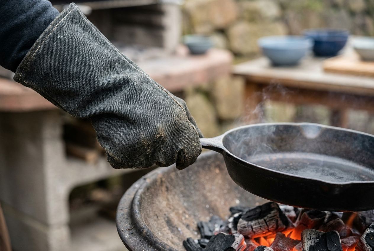 Langer Grillhandschuh umfasst den Griff einer heißen Gusseisenpfanne und schützt bis zum Unterarm
