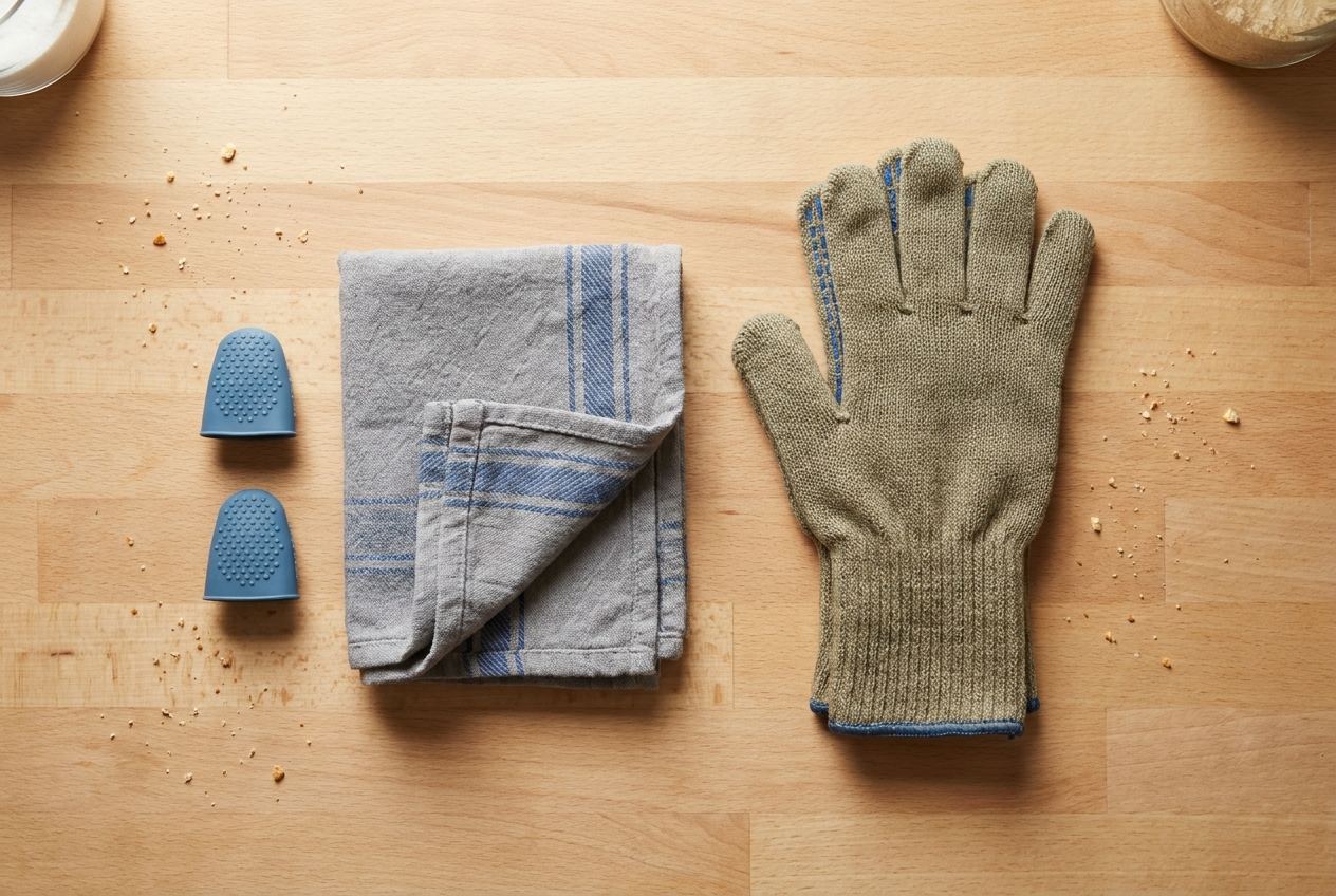 Alternativen zum Grillhandschuh: Silikon-Fingerschutz und Topflappen neben einem Hitzehandschuh