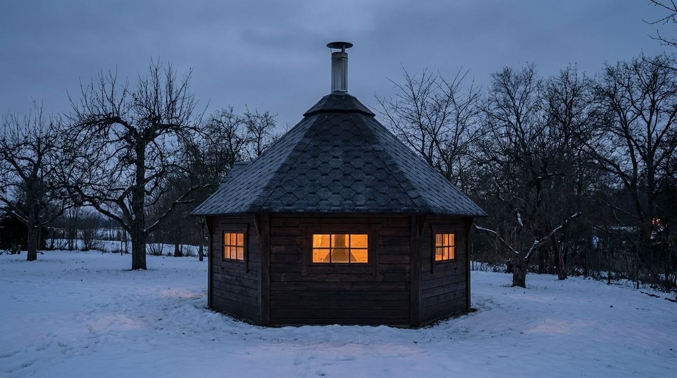 Sechseckige finnische Grillhütte aus Holz in einem verschneiten Garten in der Abenddämmerung mit warm beleuchteten Fenstern