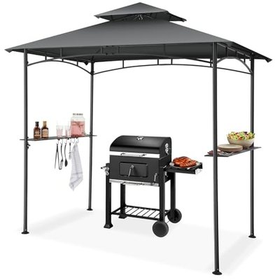 tectake® Grillpavillon, 240 x 150 x 250 cm, wetterfest, Seitenablagen mit Haken, Doppeldachsystem, Grillüberdachung, BBQ