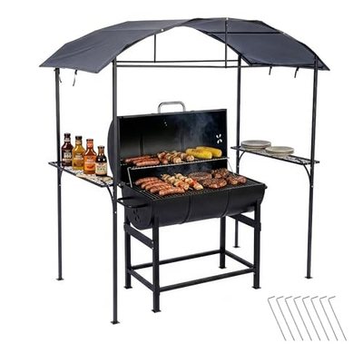 Relaxdays Grill Pavillon, HxBxT: 230 x 210 x 116 cm, mit Seitenregalen, Metall, Polyester, Grillhütte Garten, anthrazit