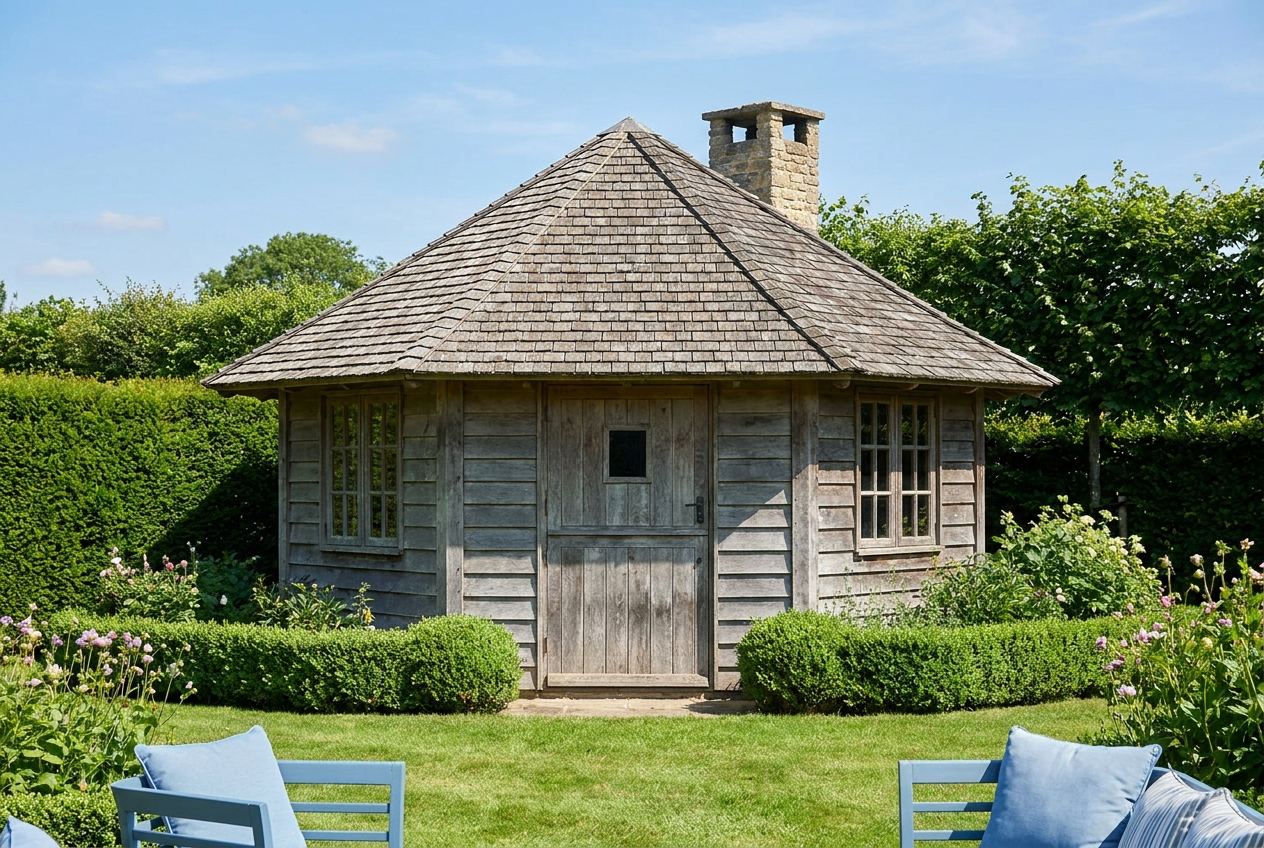 Mehreckige Grillhütte aus Holz im sommerlichen Garten mit Schindeldach und kleinem Schornstein