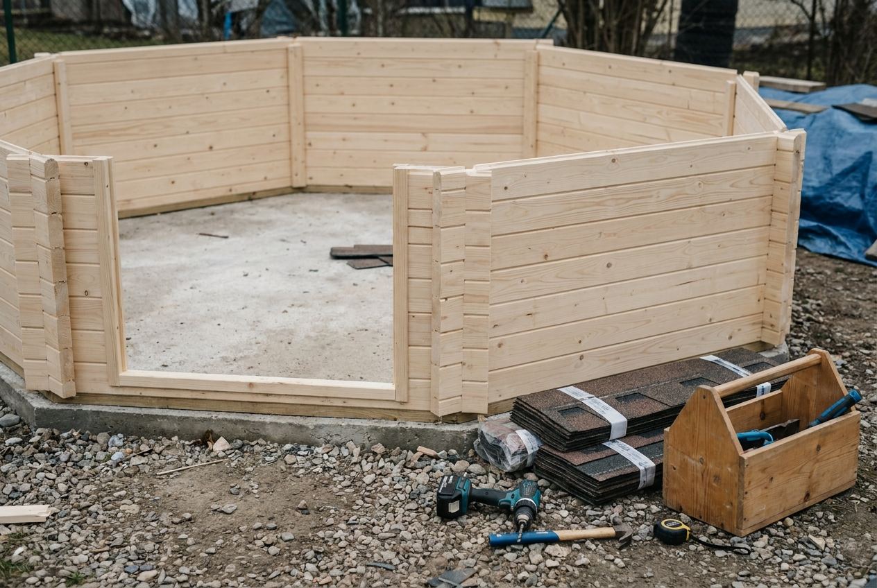 Teilweise aufgebaute Holzwände einer Grillhütte auf einem Betonfundament mit Werkzeug und Dachschindeln daneben