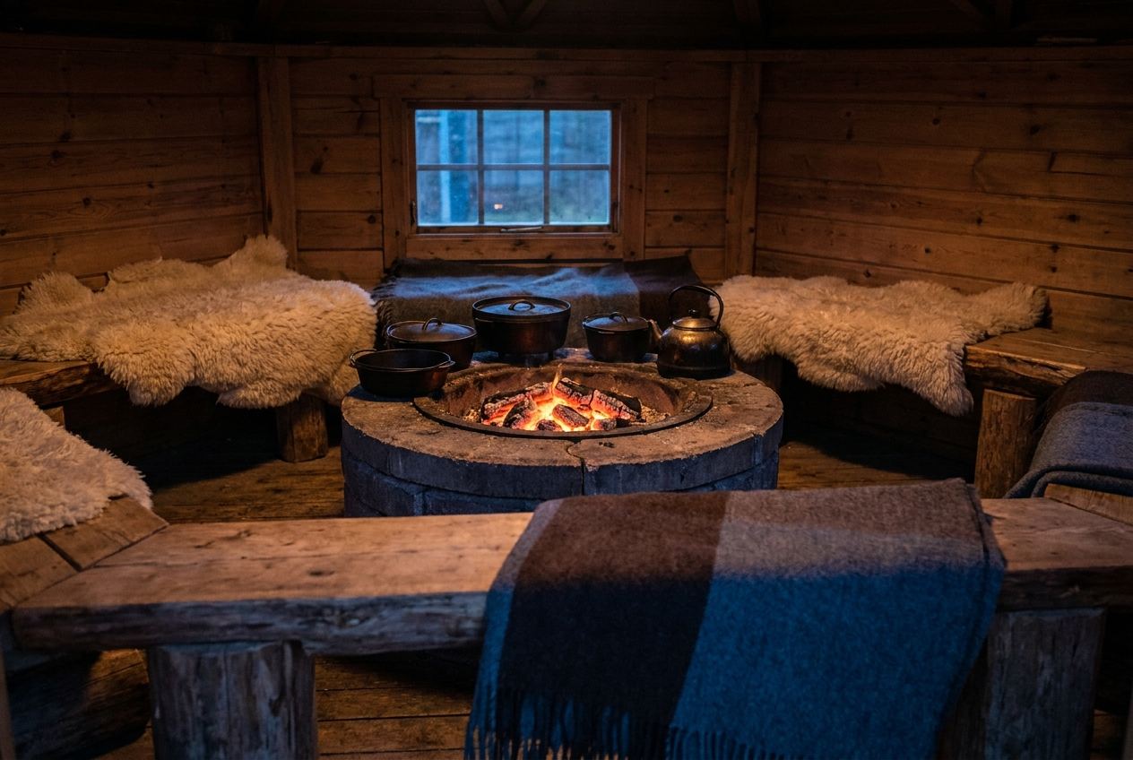Gemütlicher Abend in einer Grillhütte mit glimmenden Kohlen in der Feuerstelle und Fellen auf den Holzbänken