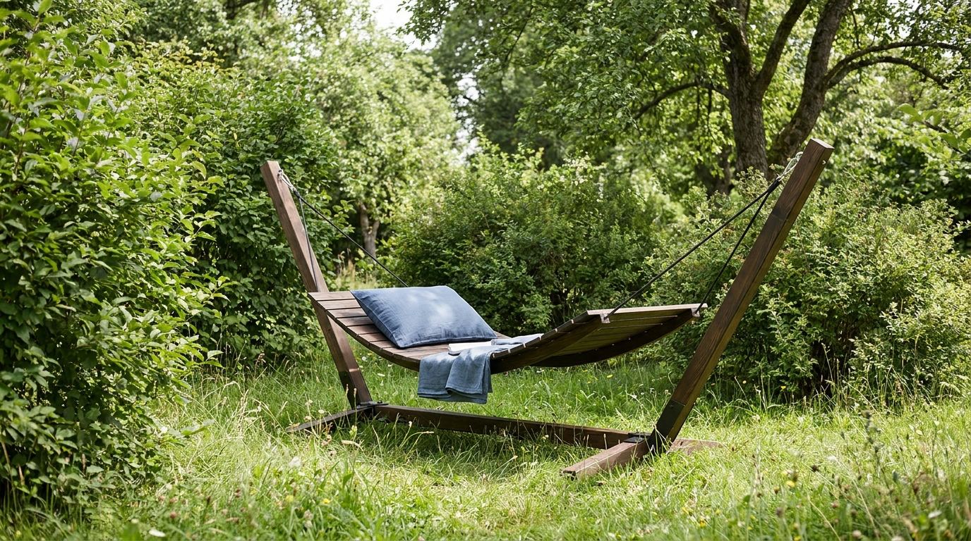 Hängeliege aus geöltem Lärchenholz mit Gestell in einem naturnahen Garten
