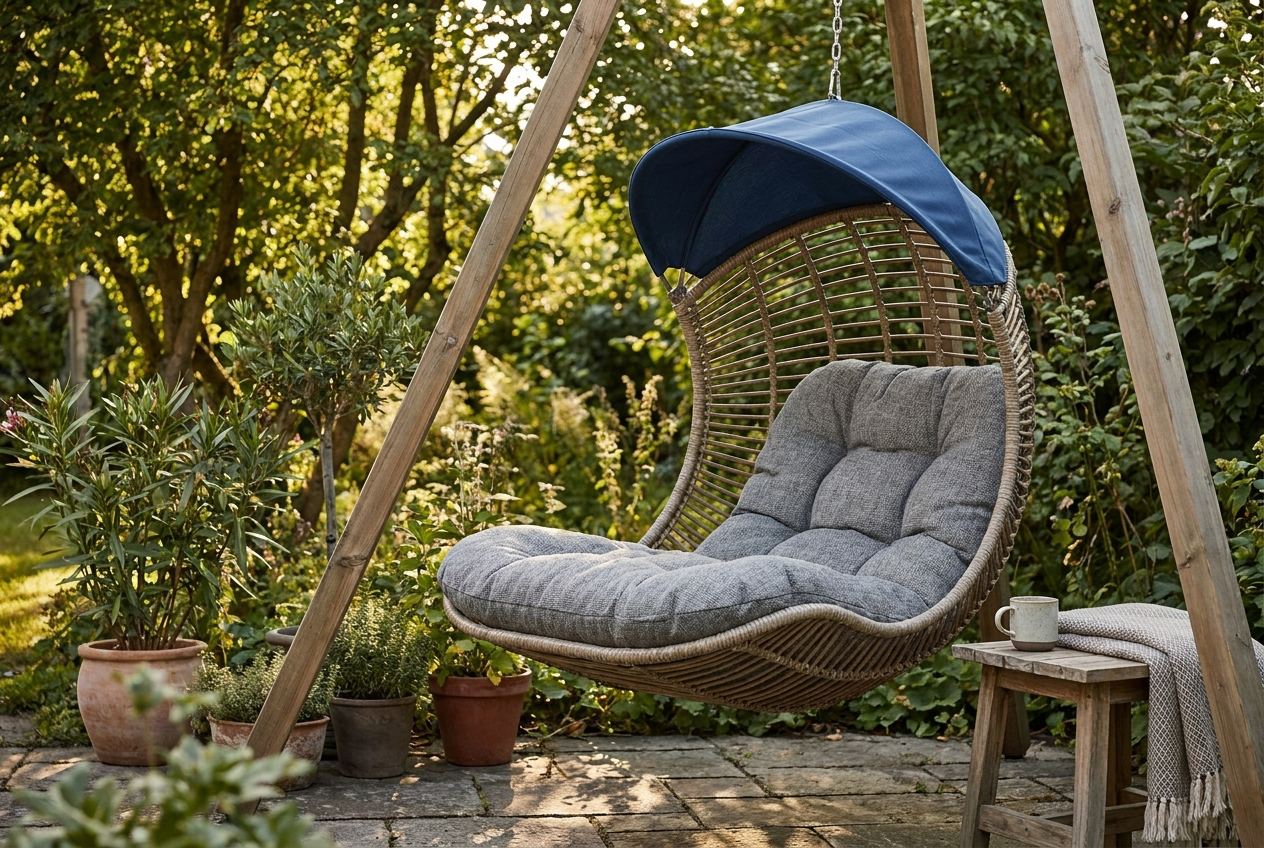 Gemütliche Hängeliege mit Polsterauflage und Sonnendach im schattigen Gartenwinkel