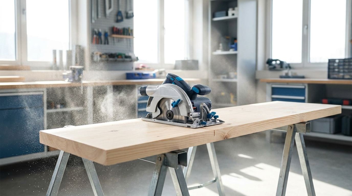 Handkreissäge trennt ein Holzbrett auf Arbeitsböcken in einer hellen Werkstatt