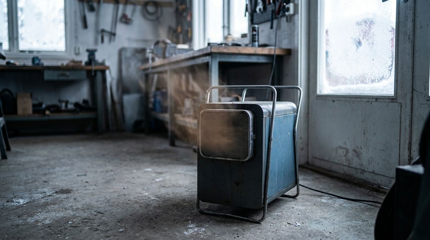 Mobiler Heißluftgenerator wärmt eine kalte Werkstatt im Winter
