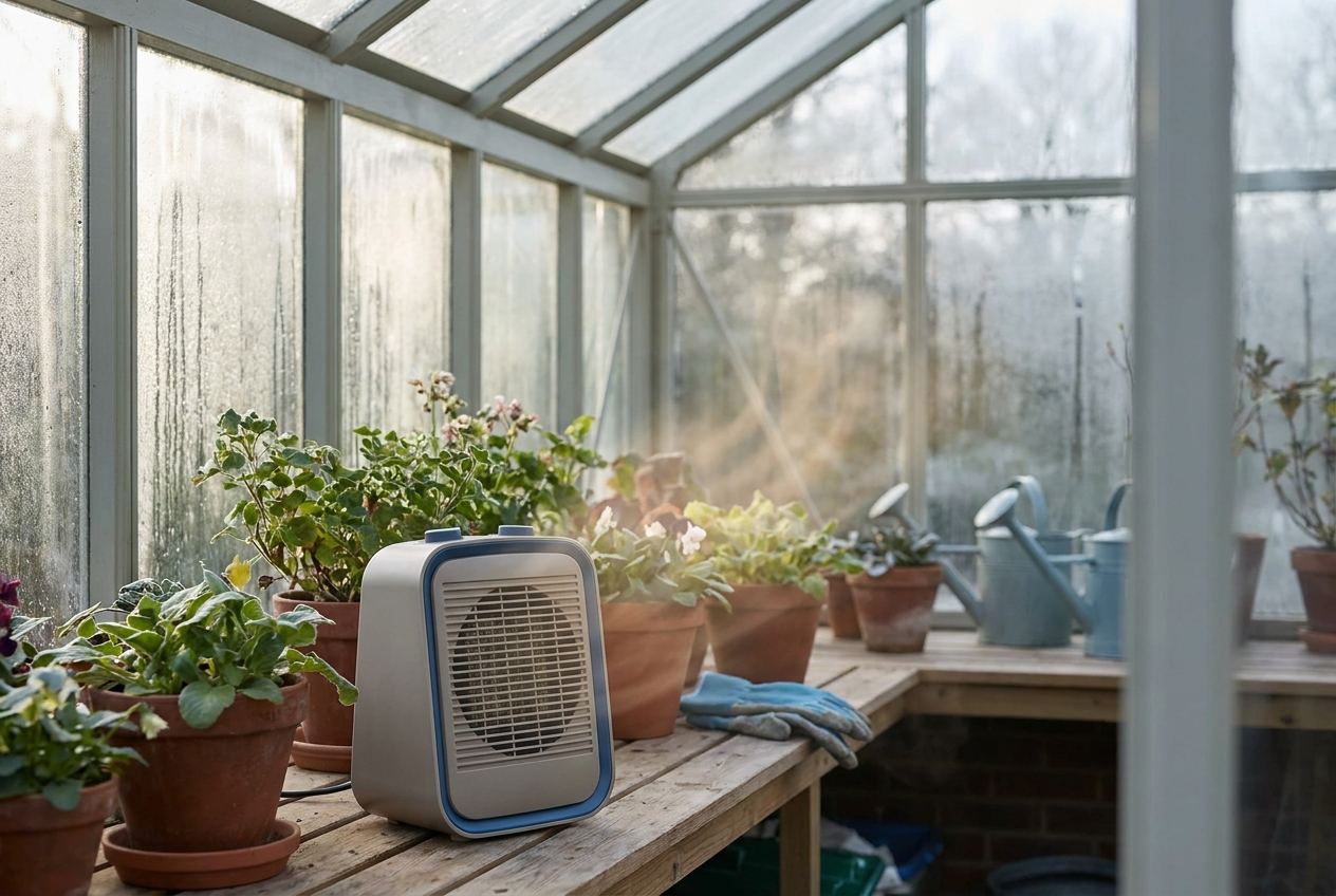 Heißluftgenerator wärmt an einem kalten Morgen ein Gewächshaus