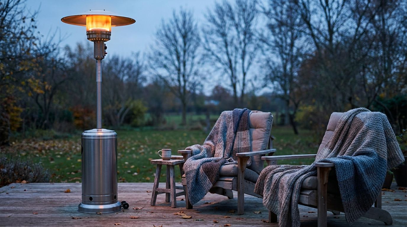 Heizpilz auf einer Holzterrasse in der Abenddämmerung mit warmem Lichtschein
