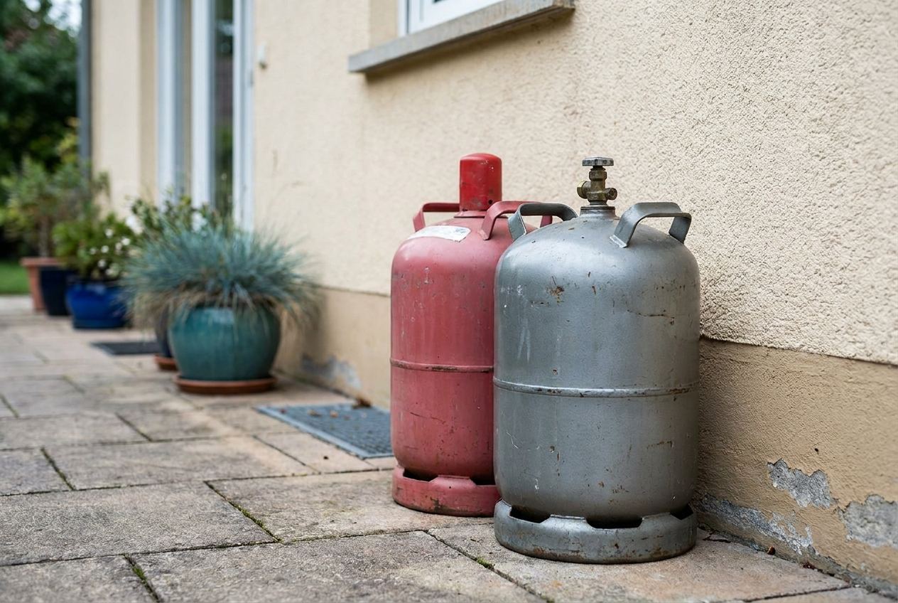 Eine rote Pfand-Propangasflasche und eine graue Eigentumsflasche stehen aufrecht im Freien