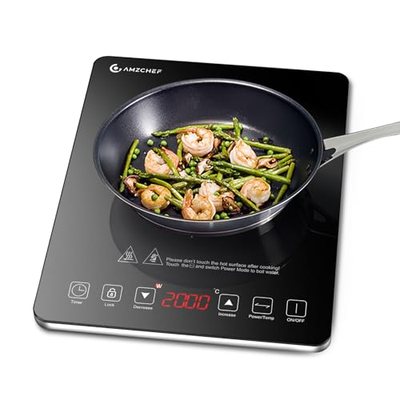Induktionskochfeld 1 Platte, AMZCHEF Kochplatte Induktion mit ultradünnem Design, 20-Temperaturstufen und 20-Leistungsei