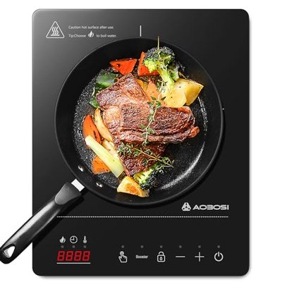 Aobosi Induktionskochfeld 1 Platte,Induktionskochplatte mit Booster-Funktion, 20 Leistungsstufen und Temperaturstufen,Ko