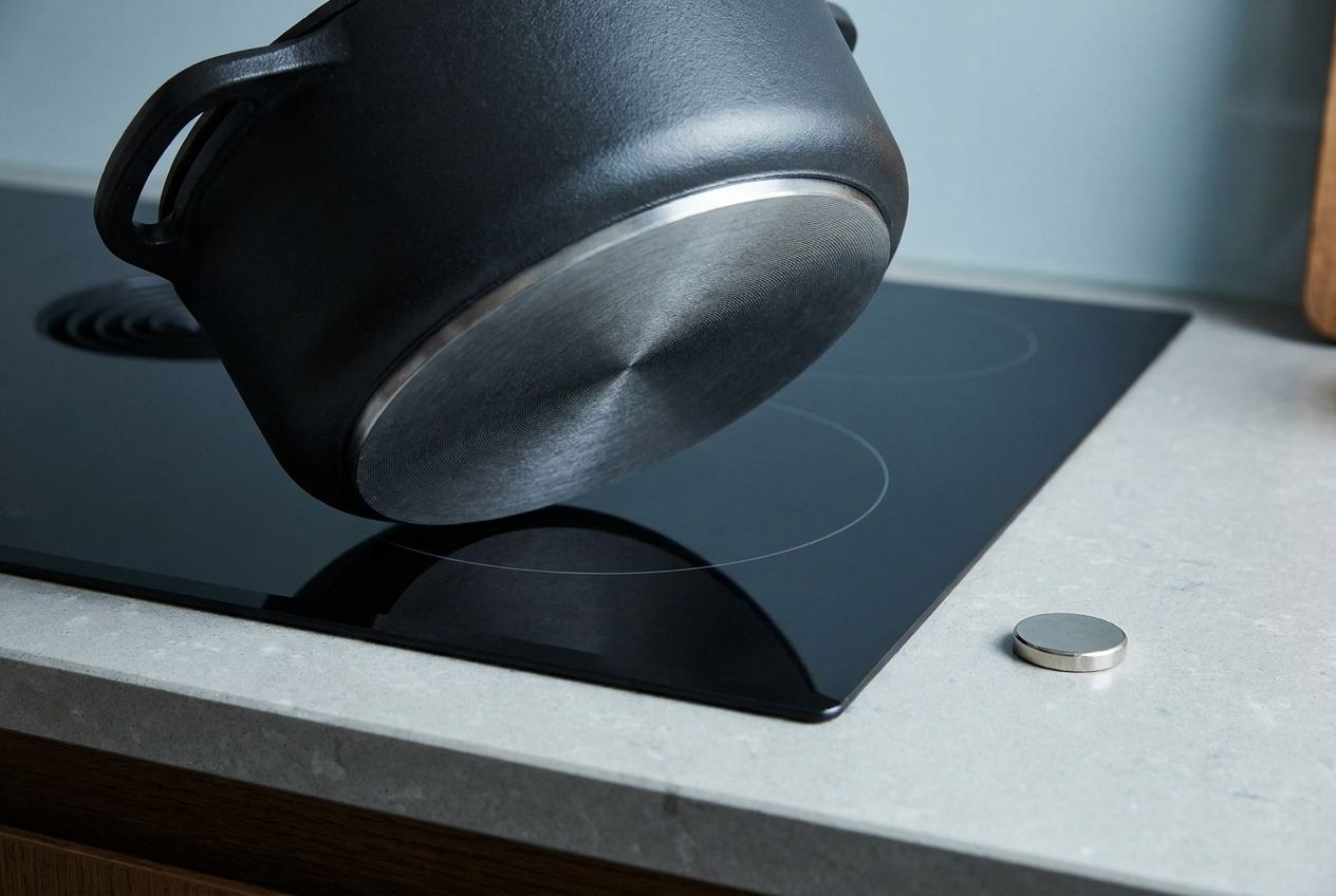 Gusseiserner Topf mit dickem, magnetischem Boden auf einer Induktionsfläche