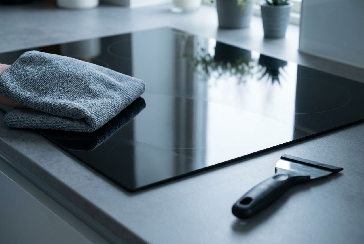 Reinigung einer glatten Glaskeramikfläche eines Induktionskochfelds mit einem Tuch