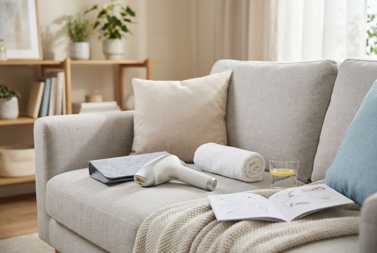 IPL-Gerät mit Aufbewahrungstasche und aufgeschlagener Anleitung auf einem hellen Sofa
