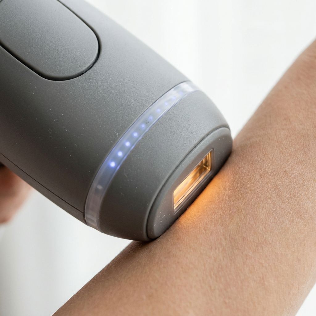 Detailaufnahme des Bedienkopfs eines IPL-Geräts mit leuchtenden Kontrollleuchten und Hauttonsensor an der Haut