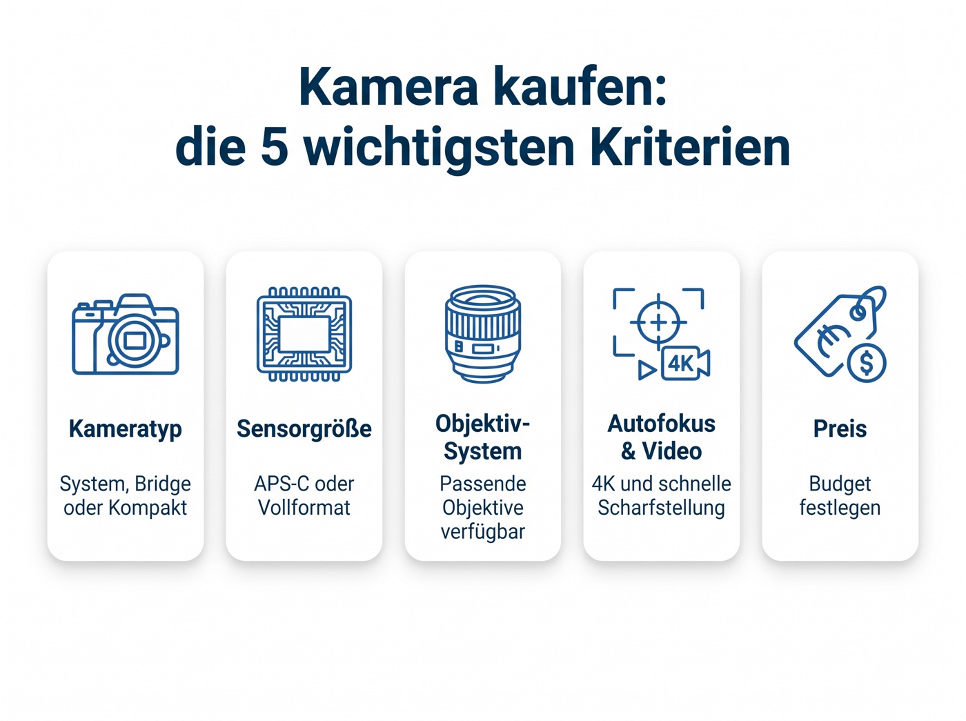 Infografik: die 5 wichtigsten Kaufkriterien für eine Kamera – Kameratyp, Sensorgröße, Objektiv-System, Autofokus und Preis