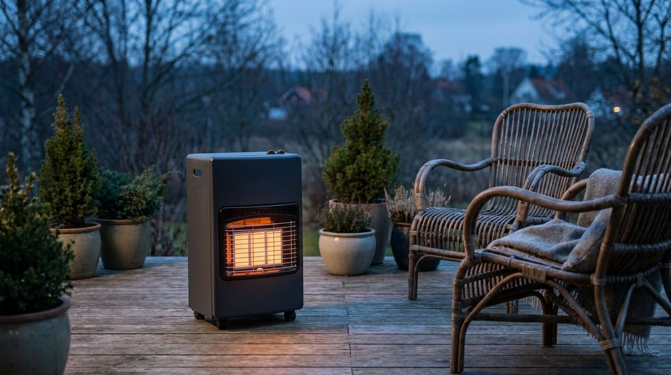 Mobiler Gas-Katalytofen auf einer Holzterrasse in der Abenddämmerung, die Heizfläche glüht warm.