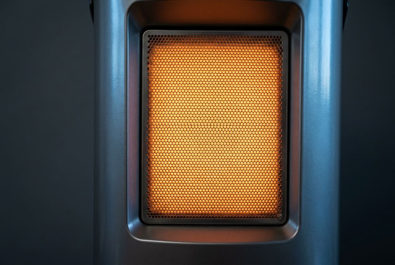 Nahaufnahme der gleichmäßig glühenden Katalytmatte eines Gasofens ohne offene Flamme.