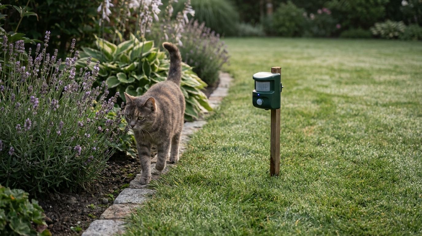 Katze läuft am Rand eines Blumenbeets durch einen Garten, im Hintergrund ein Tiervertreiber auf einem Erdspieß