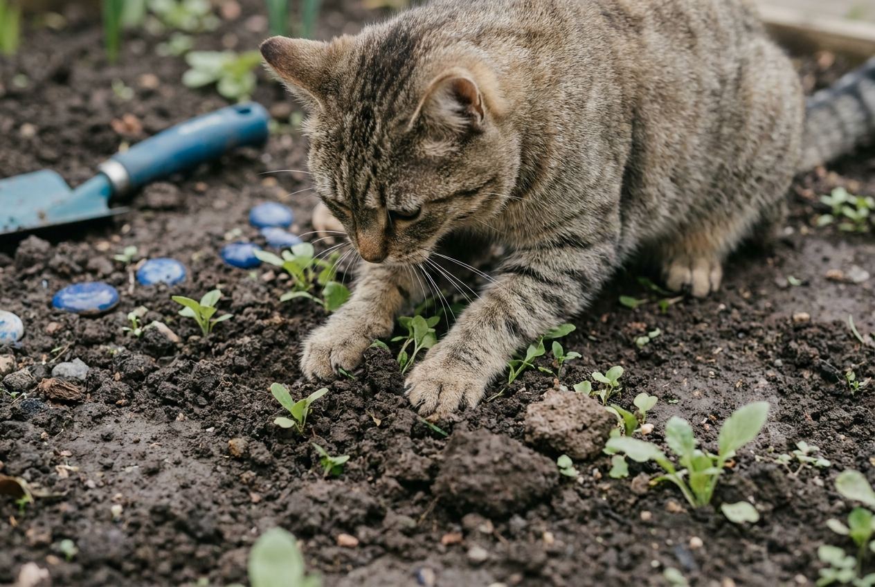 Katze sitzt in einem frisch umgegrabenen Blumenbeet