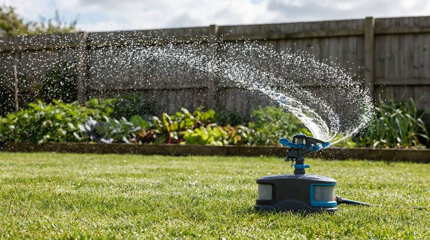 Wasserstrahl-Tiervertreiber sprüht einen Wasserbogen über eine Rasenfläche