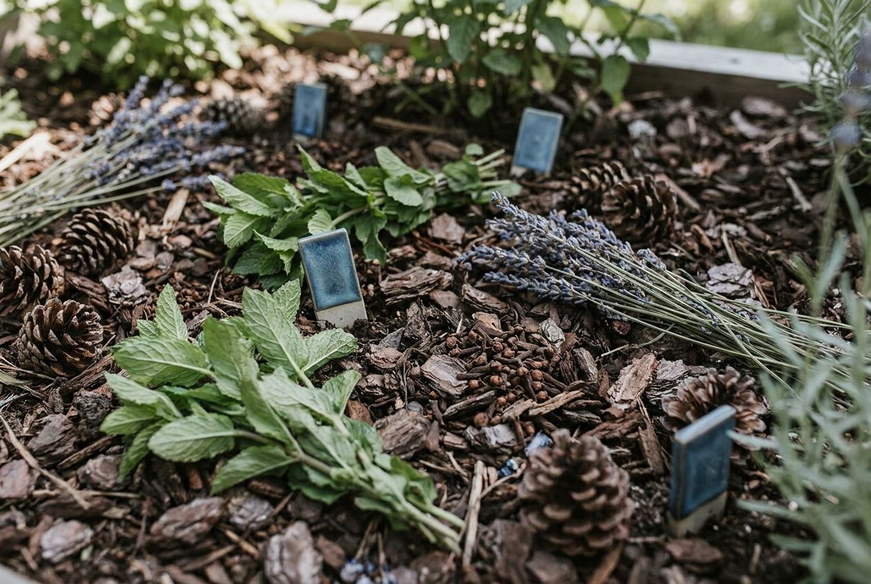 Mit Rindenmulch und Tannenzapfen bedecktes Beet mit Kräutern wie Minze und Lavendel