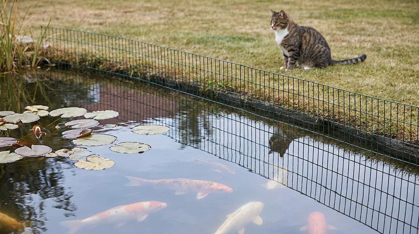Gartenteich mit Fischen und niedrigem Schutzzaun, eine Katze sitzt im Abstand auf dem Rasen