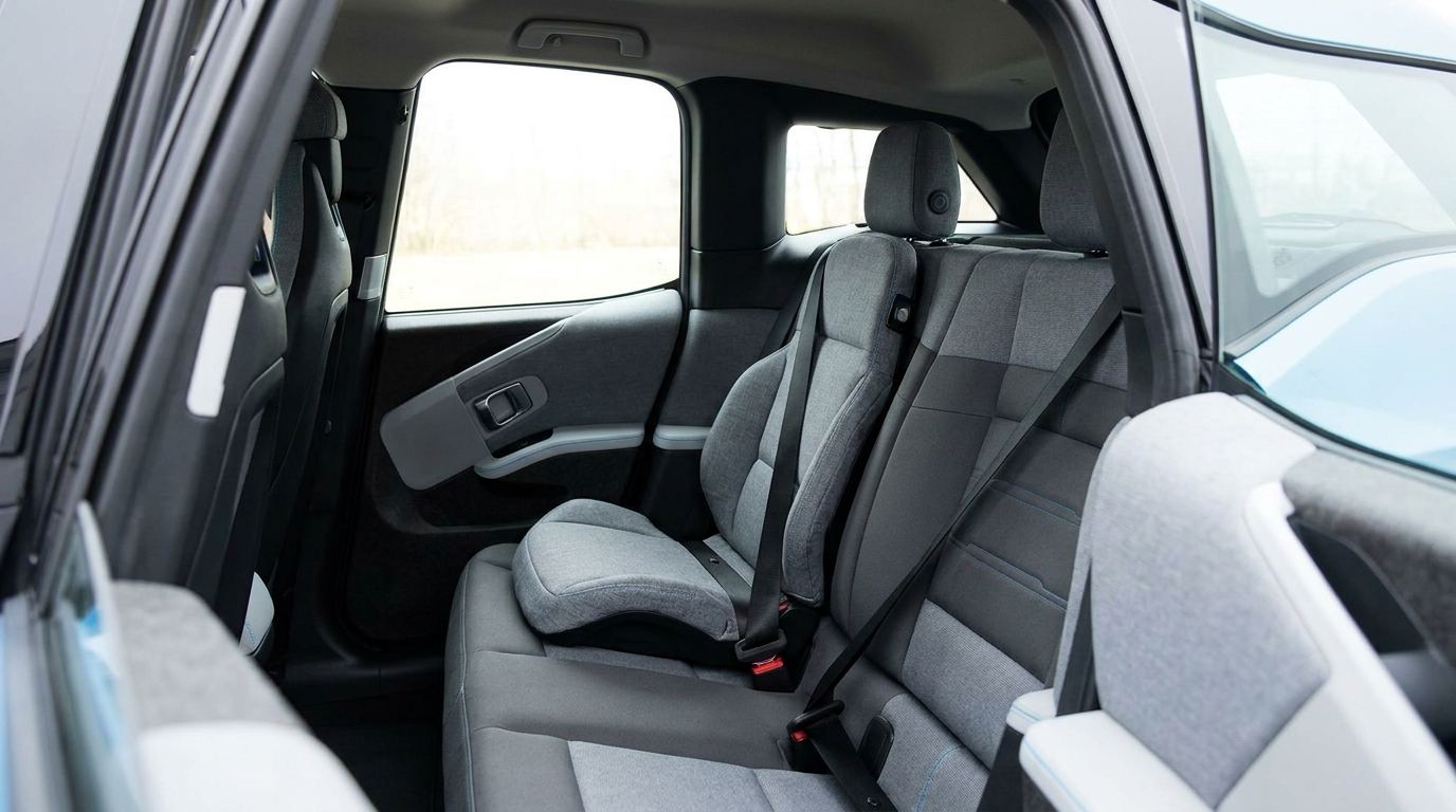Kindersitzerhöhung mit Rückenlehne auf der Rückbank eines Familienautos, Dreipunktgurt darüber geführt