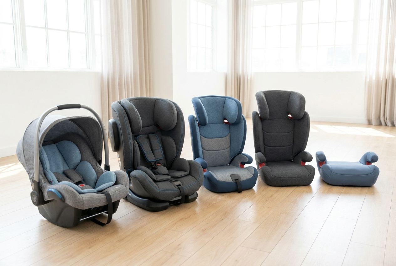 Verschiedene Kinderautositze nebeneinander, von der Babyschale bis zur schlanken Sitzerhöhung