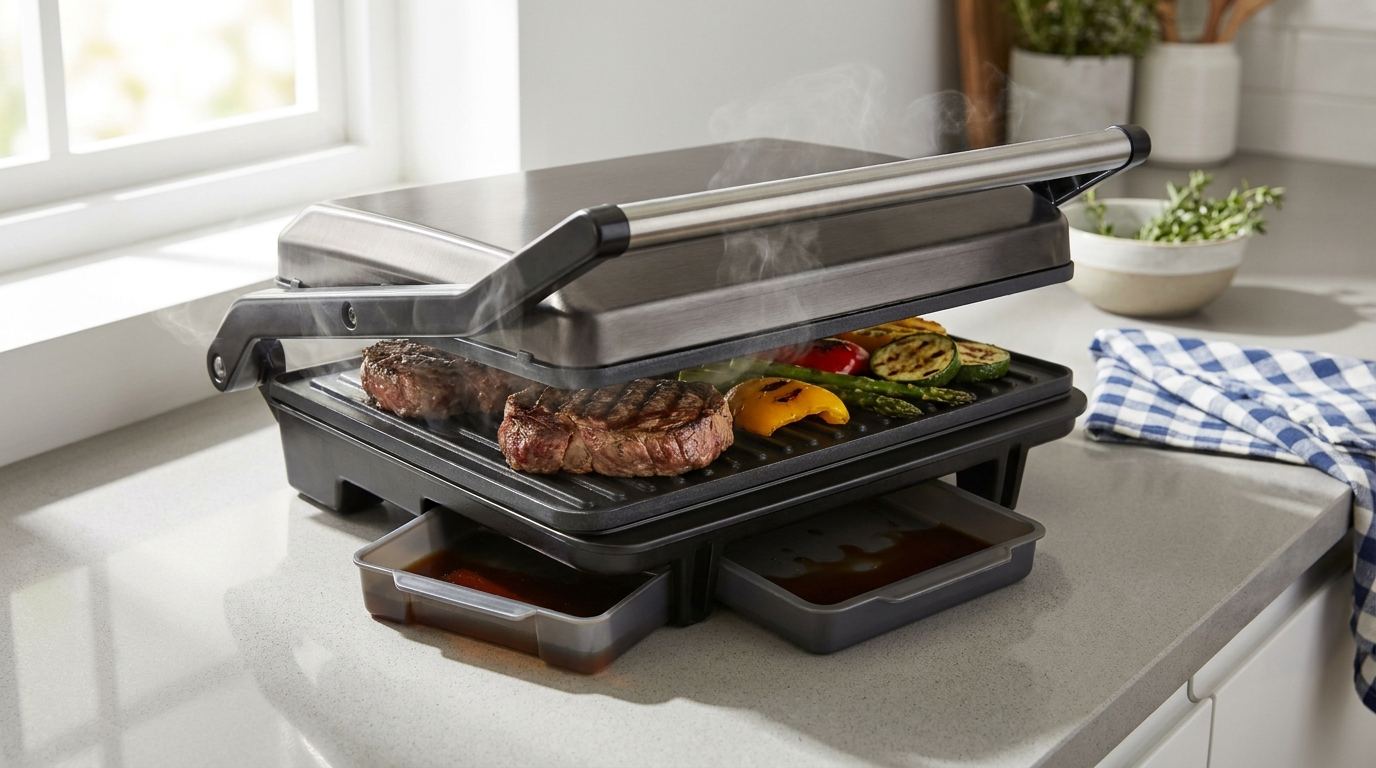 Geschlossener Kontaktgrill mit Steaks und Gemüse auf einer hellen Küchenarbeitsplatte