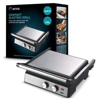 ARIVA Elektro Kontaktgrill 2000W mit Keramikbeschichtung – 2-in-1 Tischgrill 180° aufklappbar, Panini Maker mit Timer &a