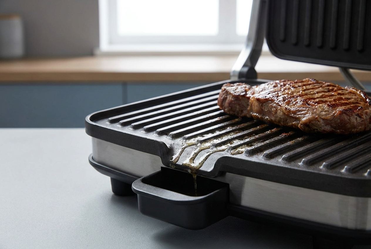 Nahaufnahme der gerillten Grillplatten eines Kontaktgrills mit ablaufendem Fett