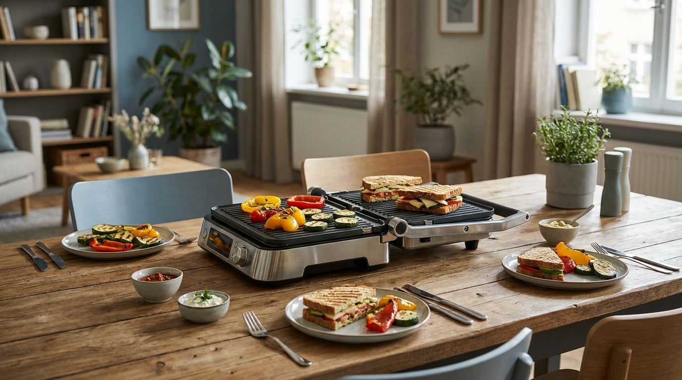 Aufgeklappter Kontaktgrill als Tischgrill auf einem Esstisch mit Sandwiches und Gemüse