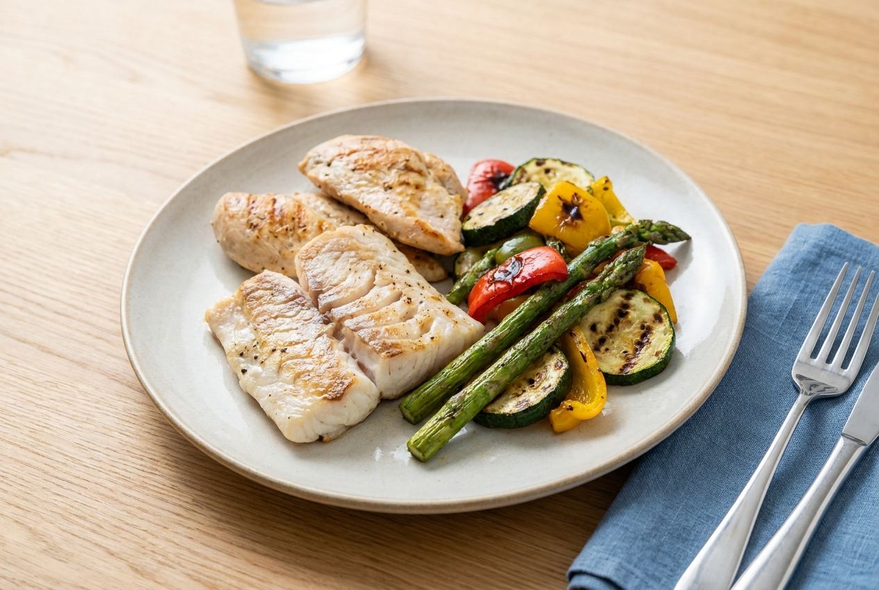 Fettarm gegrillter Fisch, Hähnchen und Gemüse vom Kontaktgrill auf einem Teller