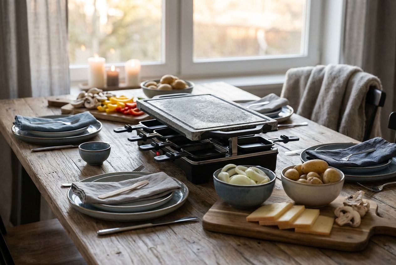 Raclette-Grill mit kleinen Pfännchen und Grillfläche auf einem gedeckten Esstisch