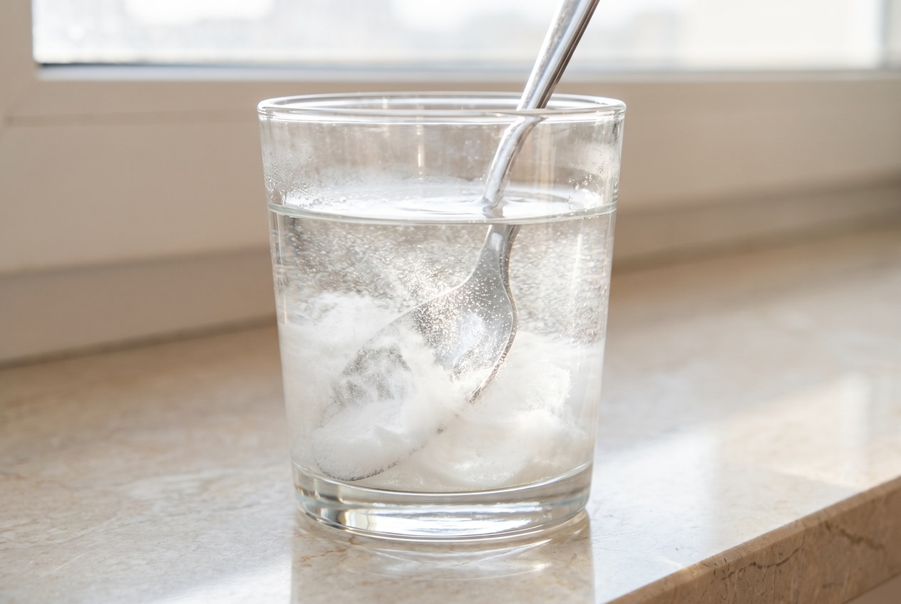 Creatin-Pulver wird in einen Shaker mit Wasser gegeben und löst sich fein auf