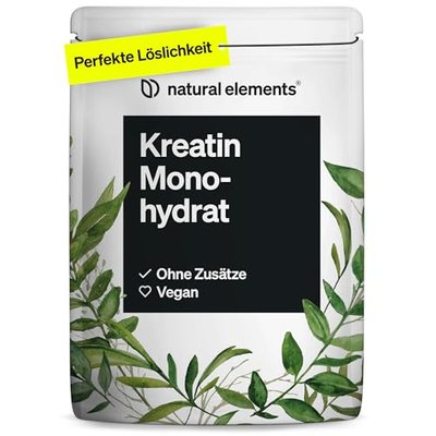 natural elements Creatin Monohydrat – 500g ultrafeines Pulver (Meshfaktor 200) – 166 Portionen reines Kreatin – hochdosi